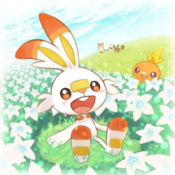  :d blue_sky blush brown_eyes cloud commentary_request creatures_(company) day evolutionary_line field flower flower_field furret game_freak gen_2_pokemon gen_3_pokemon gen_8_pokemon grass looking_at_viewer nintendo no_humans open_mouth outdoors pokemon pokemon_(creature) putto scorbunny sentret sitting sky smile teeth torchic upper_teeth_only white_flower  rating:General score:2 user:danbooru