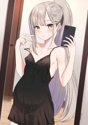 1girl absurdres bare_shoulders big_belly black_nightgown blush brown_eyes collarbone commentary covered_erect_nipples ear_piercing grey_hair high_ponytail highres holding holding_phone indoors long_hair looking_at_viewer maru.selinn nightgown original paid_reward_available parted_lips phone piercing pregnant selfie solo spaghetti_strap strap_slip v rating:Questionable score:46 user:danbooru