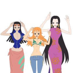  3girls animated animated_gif black_hair blue_eyes blush boa_hancock bouncing_breasts breasts brown_eyes cleavage dress large_breasts long_hair midriff multiple_girls nami_(one_piece) navel necrolust nico_robin one_piece orange_hair underboob 