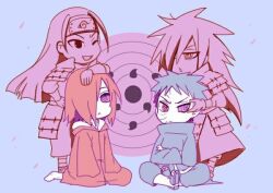 arm_on_another&#039;s_head barefoot blue_background blue_hair chibi cloak crossed_arms crossed_legs edo_tensei frown hair_over_one_eye hand_on_another&#039;s_face heterochromia long_hair long_sleeves looking_at_another looking_away_from_partner looking_up multiple_boys nagato_(naruto) narrowed_eyes naruto_(series) naruto_shippuuden one_eye_closed pain_(naruto) red_hair rinnegan scar scar_on_face senju_hashirama sharingan uchiha_madara uchiha_obito wink