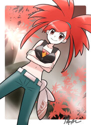  1girl border breasts collarbone creatures_(company) crossed_arms flannery_(pokemon) game_freak highres looking_at_viewer medium_breasts midriff navel nintendo outside_border pants pokemon pokemon_oras red_eyes red_hair signature smile solo white_border yuki_mura_1031 