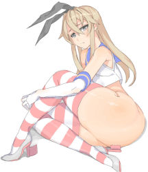  1girl ass bare_shoulders blonde_hair bottomless bow elbow_gloves gloves hair_bow huge_ass kantai_collection kasutaso long_hair looking_at_viewer lying on_side school_uniform serafuku shimakaze_(kancolle) solo striped_clothes striped_thighhighs thick_thighs thighhighs thighs  rating:Questionable score:28 user:JustHere4Butts
