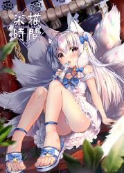 1girl ahoge animal_ear_fluff animal_ears arm_support bare_shoulders blue_bow blush bottle bow chestnut_mouth commentary_request dress dutch_angle fang feet fox_ears fox_girl fox_tail hair_between_eyes hair_bow holding holding_bottle kitsune kyuubi low-tied_sidelocks multiple_tails open_mouth original panties red_eyes sandals silver_hair sitting sleeveless sleeveless_dress solo star_(symbol) striped striped_bow summer tail thick_eyebrows toes underwear usagihime water_bottle white_dress white_footwear white_panties rating:Sensitive score:24 user:danbooru