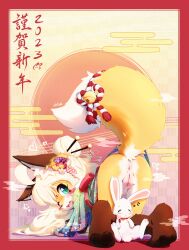  1girl 2023 aas_(aasjpvm) absurdres ahoge all_fours animal_ear_fluff animal_ears animal_nose anus ass bell blush_stickers body_fur border chinese_zodiac cleft_of_venus facial_mark fang feet female_focus flower forehead_mark fox_ears fox_girl fox_tail from_behind furry furry_female green_eyes hair_bun hair_flower hair_ornament heart highres huge_filesize japanese_clothes jingle_bell kimono loli long_hair looking_back multicolored_fur no_panties open_mouth original outside_border pawpads print_kimono pussy rabbit red_border red_sun solo tail uncensored white_hair year_of_the_rabbit  rating:Explicit score:97 user:danbooru