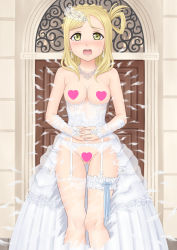  1girl blonde_hair botan_m bride censored censored_nipples dress earrings garter_straps gloves hair_ornament heart heart_censor highres jewelry lace lace-trimmed_legwear lace_trim lingerie looking_at_viewer love_live! love_live!_sunshine!! ohara_mari solo standing underwear wedding_dress  rating:Questionable score:13 user:cjn1508