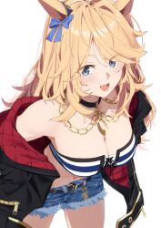  1girl :d animal_ears bandeau bare_shoulders black_jacket blonde_hair blue_bow blue_eyes blush bow breasts chain cleavage collarbone commentary_request cowboy_shot cutoffs denim denim_shorts ear_bow ear_ornament eyes_visible_through_hair gold_chain gold_city_(umamusume) hands_in_pockets highres horse_ears horse_girl jacket kagari_liroi large_breasts long_hair long_sleeves looking_at_viewer midriff navel off_shoulder open_clothes open_jacket open_mouth shorts sidelocks simple_background smile solo standing strapless striped_bandeau swept_bangs tube_top umamusume white_background 