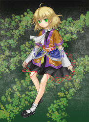  1girl ahoge arm_warmers black_dress black_footwear blonde_hair blush breasts brown_jacket closed_mouth commentary_request dress expressionless floral_print full_body green_background green_eyes hair_between_eyes jacket looking_at_viewer mary_janes mizuhashi_parsee multicolored_clothes multicolored_jacket pointy_ears sash scarf setona_(daice) shoes short_hair short_sleeves small_breasts socks solo touhou white_sash white_scarf white_socks 