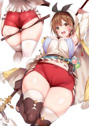 1girl armpits ass atelier_(series) atelier_ryza atelier_ryza_1 belt blue_gk blush boots breasts bridal_legwear bright_pupils brown_eyes brown_gloves brown_hair brown_thighhighs cleavage clothing_cutout flask gloves hat highres holster hood hooded_vest hoodie jewelry large_breasts leather leather_belt looking_at_viewer midriff_peek multicolored_hair navel necklace pantylines pouch red_shorts reisalin_stout round-bottom_flask short_hair short_shorts shorts shoulder_cutout simple_background single_glove smile solo star_(symbol) star_necklace streaked_hair thigh_boots thigh_gap thigh_holster thighhighs thighhighs_under_boots thighs toe_ring toeless_footwear toeless_legwear vest weapon white_pupils white_thighhighs rating:Sensitive score:86 user:danbooru