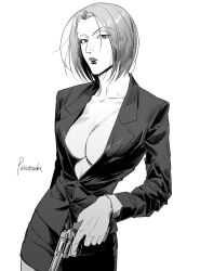  1girl blazer breasts character_name closed_mouth collarbone cowboy_shot eyelashes finger_on_trigger greyscale gun hair_between_eyes handgun highres holding holding_gun holding_weapon hunter_x_hunter jacket killua0u0 korean_commentary large_breasts lipstick long_sleeves looking_at_viewer makeup monochrome no_shirt pakunoda parted_bangs parted_lips pencil_skirt revealing_clothes short_hair simple_background skirt solo weapon 