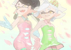  2girls bare_shoulders black_hair bow-shaped_hair callie_(splatoon) collar cousins cowboy_shot detached_collar dress earrings eggshell_hat falling_petals fangs gloves green_dress grey_hair grin hand_on_another&#039;s_arm hoop_earrings inkling jewelry jumpsuit kamikaihi_game long_hair looking_at_another marie_(splatoon) mole mole_under_eye multiple_girls nintendo official_alternate_costume one_eye_closed open_mouth outstretched_arm pantyhose petals pink_collar pink_gloves pink_jumpsuit pink_petals pointy_ears short_eyebrows short_hair short_jumpsuit smile splatoon_(series) splatoon_3 star-shaped_pupils star_(symbol) strapless strapless_dress striped_clothes striped_pantyhose swept_bangs symbol-shaped_pupils tentacle_hair thick_eyebrows twintails white_collar white_gloves yellow_background yellow_eyes 