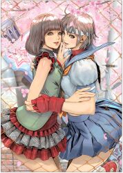 2girls :d absurdres ahoge arm_grab ayanokouji_sakura blue_sailor_collar blue_skirt blunt_bangs blush breast_press breasts brick_wall brown_eyes brown_hair buttons capcom chain-link_fence cherry_blossoms commentary_request cowboy_shot crop_top crossover female_focus fence fingerless_gloves frilled_skirt frills from_side gloves graffiti grey_eyes grey_hair gun gunslinger_stratos hand_on_another&#039;s_back hand_on_another&#039;s_chin happy headband highres hug huge_weapon kasugano_sakura lamppost layered_skirt leg_lift leg_up lips lipstick looking_at_viewer looking_back makeup matching_hair/eyes midriff miniskirt multiple_girls name_connection neckerchief open_mouth outdoors petals plaid pleated_skirt puffy_short_sleeves puffy_sleeves red_footwear red_gloves rifle sailor_collar school_uniform serafuku shirt shoes short_hair short_sleeves skirt sleeveless small_breasts smile sneakers spandex star_(symbol) street_fighter symmetrical_docking turtleneck weapon yasuda_akira yuri