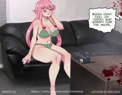 1girl bikini blood blush bokuman breasts camera casting_couch couch desk gasai_yuno green_bikini large_breasts long_hair mirai_nikki pink_hair pink_theme smile solo speech_bubble swimsuit thick_thighs thighs rating:Questionable score:60 user:Y2LNosneb
