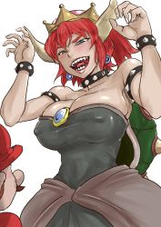  1boy 1girl bare_shoulders blush borrowed_character bowsette breasts brooch choker cleavage collar earrings covered_erect_nipples gem highres horns jewelry long_hair mario mario_(series) nintendo omote_uraura red_hair sharp_teeth shell spiked_collar spikes super_mario_bros._1 teeth  rating:Sensitive score:26 user:aelphais