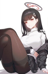  1girl absurdres akagi_(user_khgu7328) arm_under_breasts ass black_pantyhose black_skirt blazer blue_archive breasts bright_pupils crossed_legs hair_behind_ear halo highres jacket large_breasts long_hair long_sleeves looking_at_viewer miniskirt pantyhose parted_lips red_eyes ringed_eyes rio_(blue_archive) simple_background sitting skirt sweater thighband_pantyhose turtleneck turtleneck_sweater white_background white_sweater 
