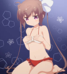  1girl bare_shoulders barefoot bikini blue_background bow breasts brown_hair collarbone female_focus hair_bow highres legs long_hair momochi_tamate navel no_shoes no_socks purple_eyes sitting slow_start small_breasts solo stitched swimsuit third-party_edit twintails  rating:General score:14 user:Vampire10
