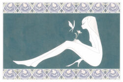  1girl art_nouveau blonde_hair bug butterfly colored_skin flat_chest flower full_body holding holding_flower insect kishi_takuya long_fingers long_hair long_legs nude original painting_(medium) profile solo traditional_media watercolor_(medium) white_skin 
