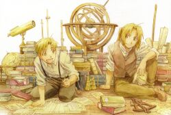  2boys alphonse_elric arakawa_hiromu binoculars blonde_hair book book_stack brothers collared_shirt edward_elric fullmetal_alchemist globe highres kneeling looking_at_another male_focus multiple_boys official_art on_floor pants pencil ponytail scroll sextant shirt shoes siblings suitcase suspenders telescope vest white_background yellow_eyes 
