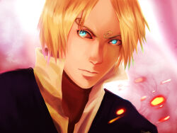  1boy blonde_hair blue_eyes closed_mouth commentary commentary_request curly_eyebrows english_commentary formal male_focus mixed-language_commentary one_piece popped_collar realistic sanji_(one_piece) short_hair signature solo suit teralilac 