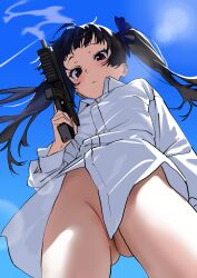  1girl absurdres ahoge black_eyes black_hair blue_sky blurry bokeh bottomless closed_mouth collared_shirt convenient_censoring day depth_of_field from_below gluteal_fold gun hair_ornament highres holding holding_gun holding_weapon long_hair looking_at_viewer no_panties original outdoors sadamoto_hokuto shirt sky smoke_trail solo thighs twintails weapon weapon_request white_shirt  rating:Questionable score:21 user:danbooru