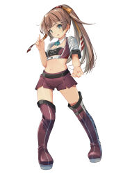  1girl absurdres alternate_costume bandeau boots breasts brown_hair clothes_writing cropped_jacket grey_eyes hair_ribbon highres jacket kantai_collection kazagumo_(kancolle) long_hair looking_at_viewer midriff multiple_views pleated_skirt ponytail purple_bandeau purple_footwear purple_shorts race_queen ribbon shorts simple_background skirt small_breasts thigh_boots white_background white_jacket yashin_(yasinz) 