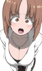  1girl blush breasts brown_eyes brown_hair cleavage closed_mouth collarbone commentary_request girls_und_panzer henyaan_(oreizm) highres jewelry large_breasts looking_at_viewer necklace nishizumi_miho pearl_necklace shirt short_hair simple_background solo white_background white_shirt 
