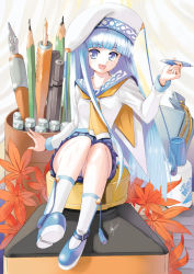  blue_eyes blue_hair bottle hat leaf long_hair mini_person minigirl pen pencil skirt  rating:Questionable score:1 user:jleeson