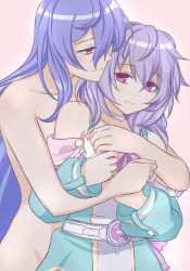 2girls bad_id bad_pixiv_id bare_shoulders belt blue_hair blush braid breasts c: closed_mouth clothed_female_nude_female couple dual_persona female_focus flauschtraut hair_between_eyes half-closed_eyes hug hug_from_behind iris_heart jewelry light_purple_hair long_hair looking_at_another multiple_girls neck_ring neptune_(series) nude purple_eyes pururut red_eyes selfcest smile symbol-shaped_pupils very_long_hair yuri rating:Questionable score:24 user:danbooru