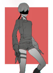  1boy android bare_legs belt blindfold dagger gloves knife monochrome nier_(series) nier:automata red_background short_shorts shorts smile thigh_holster thigh_strap white_hair 9s_(nier:automata)  rating:Sensitive score:1 user:The_Silver_Prince