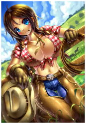 1girl blue_eyes blush braid breasts brown_hair chaps collarbone cowboy_hat dutch_angle eyebrows female_focus fence gloves hat looking_at_viewer mouth_hold navel original outdoors plaid smile solo standing twin_braids rating:Sensitive score:20 user:lkjh098