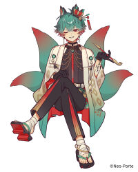  1boy absurdres amenochi_hare animal_ears anklet aqua_hair arm_tattoo bandaged_foot bandages belt bishounen black_gloves choker copyright_notice crossed_legs crown earrings eyeliner fox_ears fox_tail full_body gloves gradient_hair grin hair_between_eyes highres holding holding_smoking_pipe invisible_chair jewelry makeup male_focus mini_crown multicolored_hair multiple_tails neo-porte o-ring o-ring_choker one_eye_closed red_eyeliner red_eyes red_hair sandals short_hair sitting slit_pupils smile smoking_pipe solo tail tattoo two-tone_hair virtual_youtuber white_background white_belt wide_sleeves yagami_tsukumo 