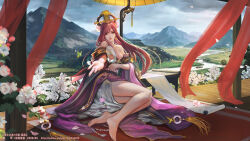 1girl arm_under_breasts artist_name bare_legs bare_shoulders barefoot breasts bug butterfly chinese_clothes chinese_commentary cleavage collarbone commentary_request day eyelashes feet flower full_body gold_trim grey_sky headpiece highres holding insect legs lips long_hair looking_at_viewer medium_breasts mountain off_shoulder official_art outstretched_arm parted_bangs pink_hair romance_of_the_three_kingdoms scenery shadow sitting sky soles solo swept_bangs tassel toenails toes weibo_watermark white_flower wide_sleeves xiaji yang_yang_(tigu) yokozuwari