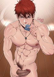 1boy abs condom condom_in_mouth erection highres kagami_taiga kuroko_no_basuke male_focus mouth_hold muscular naughty_face nude pectorals penis red_hair solo suyohara uncensored rating:Explicit score:32 user:harucho