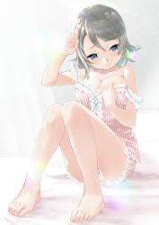  10s 1girl barefoot blue_eyes blush breasts brown_hair feet full_body highres lens_flare light_rays looking_at_viewer love_live! love_live!_sunshine!! rin2008 salute short_hair smile solo strap_slip striped toes watanabe_you  rating:Sensitive score:19 user:danbooru