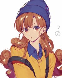  1girl alena_(dq4) beanie blue_hat blue_shirt brown_eyes brown_hair collared_shirt contemporary curly_hair dragon_quest dragon_quest_iv earrings ebira flat_chest hat jewelry long_hair looking_at_viewer o-ring shirt simple_background solo strap_slip sweater upper_body white_background yellow_sweater zipper  rating:Sensitive score:4 user:danbooru