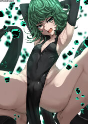 1girl absurdres armpits arms_behind_head arms_up artist_name aura black_dress blurry blurry_background breasts cameltoe cleft_of_venus curly_hair debris detached_sleeves dress flipped_hair floating floating_object glaring glowing green_eyes green_hair highres one-punch_man open_mouth pelvic_curtain short_hair side_slit small_breasts solo spread_legs squatting tatsumaki tomodachi_(tomofanart) twitter_username white_background rating:Questionable score:51 user:danbooru
