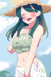  1girl :d blurry blurry_background blush breasts cleavage closed_eyes cloud day facing_viewer hand_up hat highres indie_virtual_youtuber laughing long_hair midriff navel open_mouth outdoors smile sumi_suya sun sun_hat sunao_na_kapipara virtual_youtuber 