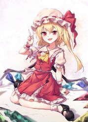 1girl absurdres blonde_hair flandre_scarlet hat hat_ribbon highres looking_at_viewer minust one_side_up open_mouth ribbon short_sleeves smile solo touhou vest wings