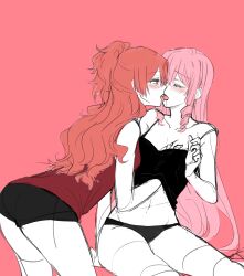  2girls aaaaddddd akuma_no_riddle bare_arms black_camisole black_panties blush breasts camisole cleavage closed_eyes commentary drill_hair french_kiss grabbing grabbing_another&#039;s_breast highres inukai_isuke kiss large_breasts long_hair looking_at_another multiple_girls panties pink_background red_hair red_shirt sagae_haruki saliva shirt simple_background sitting tongue tongue_out underwear yellow_eyes yuri 