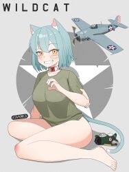  1girl a6m_zero aircraft airplane animal_ear_fluff animal_ears artist_name atamonica bandaid bandaid_on_arm bandaid_on_face bare_legs blue_hair blush breasts cat_ears cat_girl cat_tail choker commentary english_commentary f4f_wildcat gauze gauze_on_arm green_shirt grin hair_between_eyes hand_up highres large_breasts legs looking_at_viewer military_vehicle motor_vehicle multicolored_choker original personification raised_eyebrow red_choker shirt short_hair sitting smile solo stuffed_toy tail torn_clothes torn_shirt united_states_navy vehicle_and_personification vehicle_name white_choker yellow_eyes yokozuwari 