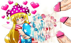  1girl :p american_flag_legwear american_flag_shirt blonde_hair censored clownpiece cum cum_on_body cum_on_lower_body cum_string ejaculation feet foot_focus hat heart holding_legs jester_cap legs_up long_hair madou naughty_face pantyhose penis soles toes tongue tongue_out touhou wings  rating:Explicit score:39 user:asdfqwerzxcv