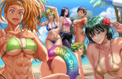  6+girls abs all_fours arms_up asami_(one-punch_man) ass ball bandage_on_face bandages bare_shoulders beach beachball bikini black_hair blonde_hair blue_bikini blue_eyes blue_sky bodysuit breasts brown_hair captain_mizuki character_request cleavage cloud cloudy_sky daraz diving_suit earrings flower fubuki_(one-punch_man) gold_bikini gold_choker green_bikini green_eyes green_hair hair_flower hair_ornament hands_on_own_chest high_ponytail highres innertube jewelry large_breasts long_hair looking_at_viewer multiple_girls muscular muscular_female navel noria_(one-punch_man) one-punch_man open_mouth orange_hair outdoors palm_tree pink_bikini purple_eyes red_bikini sand short_hair skin_tight sky suiko_(one-punch_man) swim_ring swimsuit tatsumaki toned tree umbrella undressing water wetsuit yellow_eyes  rating:Sensitive score:287 user:danbooru