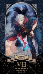  1boy bishounen blue_coat blue_eyes coat devil_bringer devil_may_cry devil_may_cry_(series) devil_may_cry_4 gloves highres holding hood lolvivianli long_hair looking_at_viewer male_focus nero_(devil_may_cry) solo weapon white_hair 