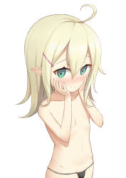  1girl ahoge black_panties blonde_hair blush cleft_of_venus closed_mouth collarbone cowboy_shot elf empty_eyes flat_chest green_eyes hair_between_eyes hair_ornament hairclip hands_on_own_cheeks hands_on_own_face heart heart-shaped_pupils heijialan light_smile loli looking_at_viewer no_nipples original panties pointy_ears pussy simple_background smile solo symbol-shaped_pupils topless underwear underwear_only white_background  rating:Explicit score:14 user:danbooru