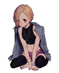 1girl arm_support arms_between_legs bad_id bad_twitter_id black_nails black_thighhighs blonde_hair brown_eyes candy chain chain_necklace commentary crop_top ear_piercing earrings food full_body hair_over_one_eye highres idolmaster idolmaster_cinderella_girls jacket jacket_on_shoulders jewelry lollipop looking_at_viewer mouth_hold nail_polish navel necklace piercing shirasaka_koume shiy-tapi short_hair short_shorts shorts simple_background sitting sleeveless solo thighhighs v_arms wariza watch white_background wristwatch rating:General score:15 user:danbooru