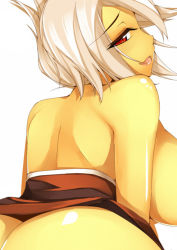  1girl ass back bent_over blurry dean from_behind highres league_of_legends looking_back open_mouth red_eyes riven_(league_of_legends) short_hair silver_hair simple_background solo topless 