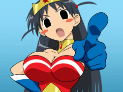  cosplay crown gloves leotard looking_at_viewer neck pigtail_braids pointing pointing_at_viewer school_rumble superhero_costume tsukamoto_tenma wonder_woman_(cosplay)  rating:Questionable score:3 user:animefan2023