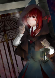  1girl arm_up bat_wings blush breath candle collared_shirt commentary_request dress_shirt dutch_angle gate head_wings highres koakuma lantern long_hair looking_at_viewer outdoors red_eyes red_hair red_neckwear saneatsu shawl shirt skirt skirt_set solo touhou vest white_shirt wings 