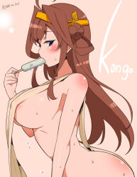 10s 1girl ahoge apron arched_back areola_slip artist_name beige_background blue_eyes blush body_blush breasts brown_hair commentary covered_erect_nipples eating food from_side hair_bun hairband headgear holding holding_food kantai_collection kongou_(kancolle) large_breasts leaning_forward long_hair looking_at_viewer looking_to_the_side naked_apron perky_breasts popsicle profile simple_background single_hair_bun solo sweatdrop very_long_hair yellow_apron yuuki_hb rating:Questionable score:31 user:danbooru