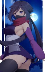  1girl armpits ass ayame_(gundam_build_divers) bare_shoulders black_thighhighs blue_hair blush breasts campbell_xx commentary detached_sleeves from_side full_moon gundam gundam_build_divers hair_between_eyes highres japanese_clothes kimono long_hair looking_at_viewer low_twintails mask medium_breasts moon mouth_mask night night_sky ninja obijime purple_eyes purple_kimono purple_sleeves red_scarf scarf short_kimono sideboob sky sleeveless sleeveless_kimono solo thick_thighs thighhighs thighs twintails  rating:Questionable score:14 user:danbooru