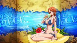  1girl bikini breasts cleavage female_focus flower food ice_cream large_breasts nami_(one_piece) navel one_piece orange_hair plant sitting solo swimsuit tagme tattoo tongue  rating:Questionable score:15 user:Ruffy16